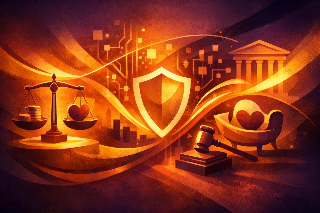 Fair pay and care access concept illustration with justice symbols and protective forms