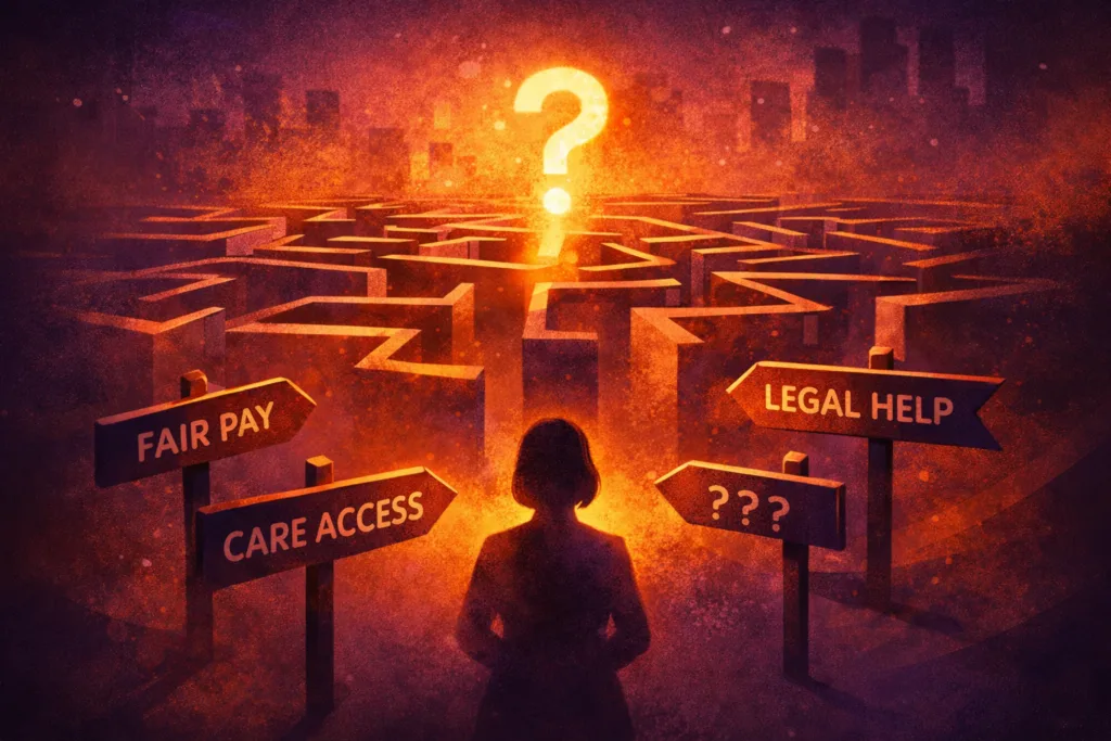 Rights confusion concept image with maze paths and legal support signposts