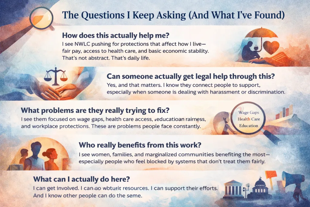 legal support and equity questions infographic with balance scale and abstract support symbols