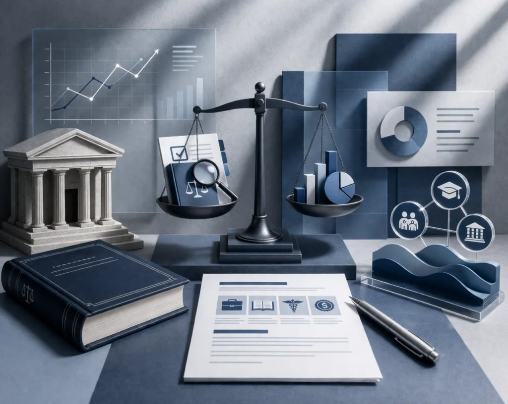 gender justice policy analysis illustration with scales, legal structures and data charts