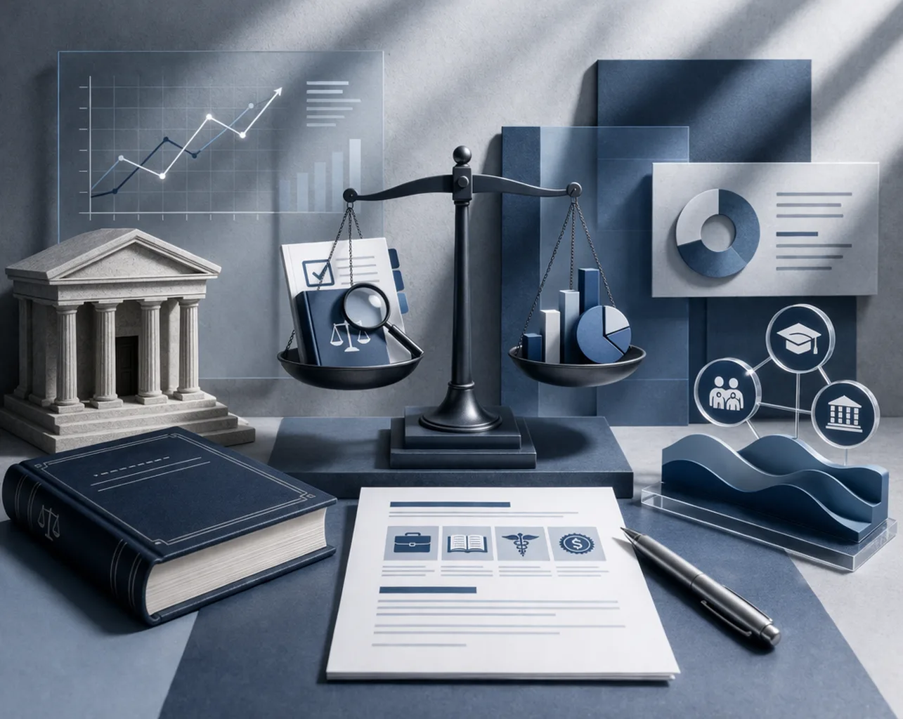 gender justice policy analysis illustration with scales, legal structures and data charts