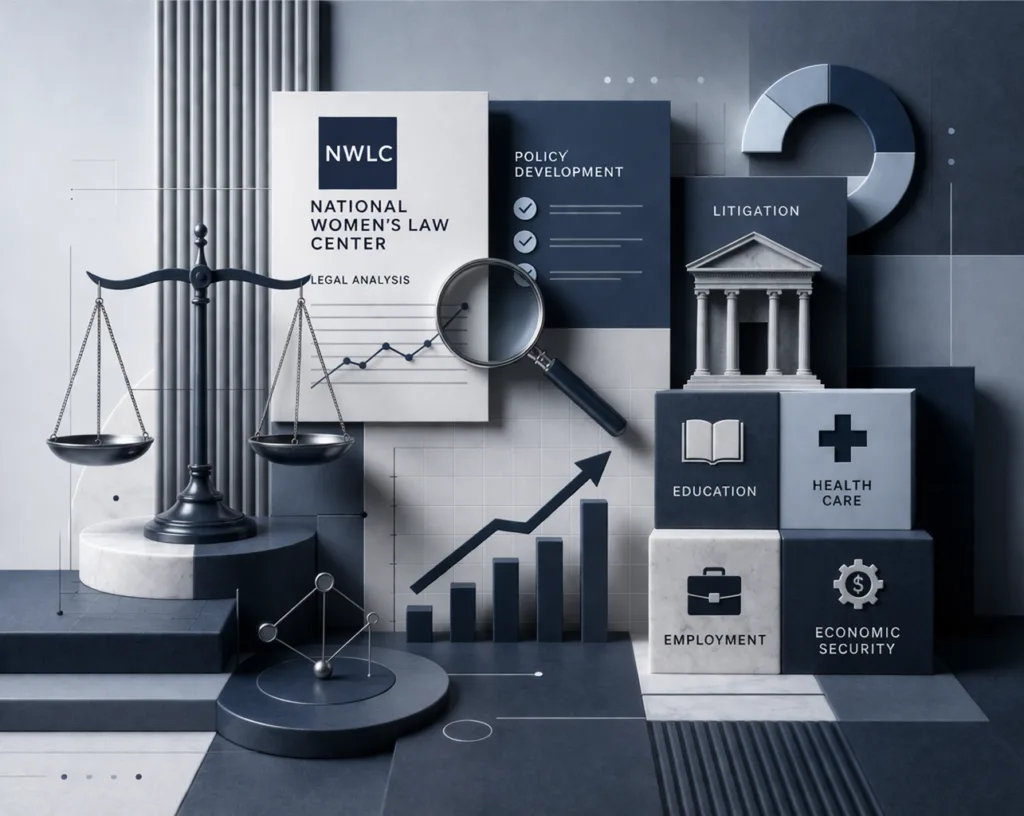 nwlc structured analysis illustration showing legal scales, policy chart, and justice resources layout