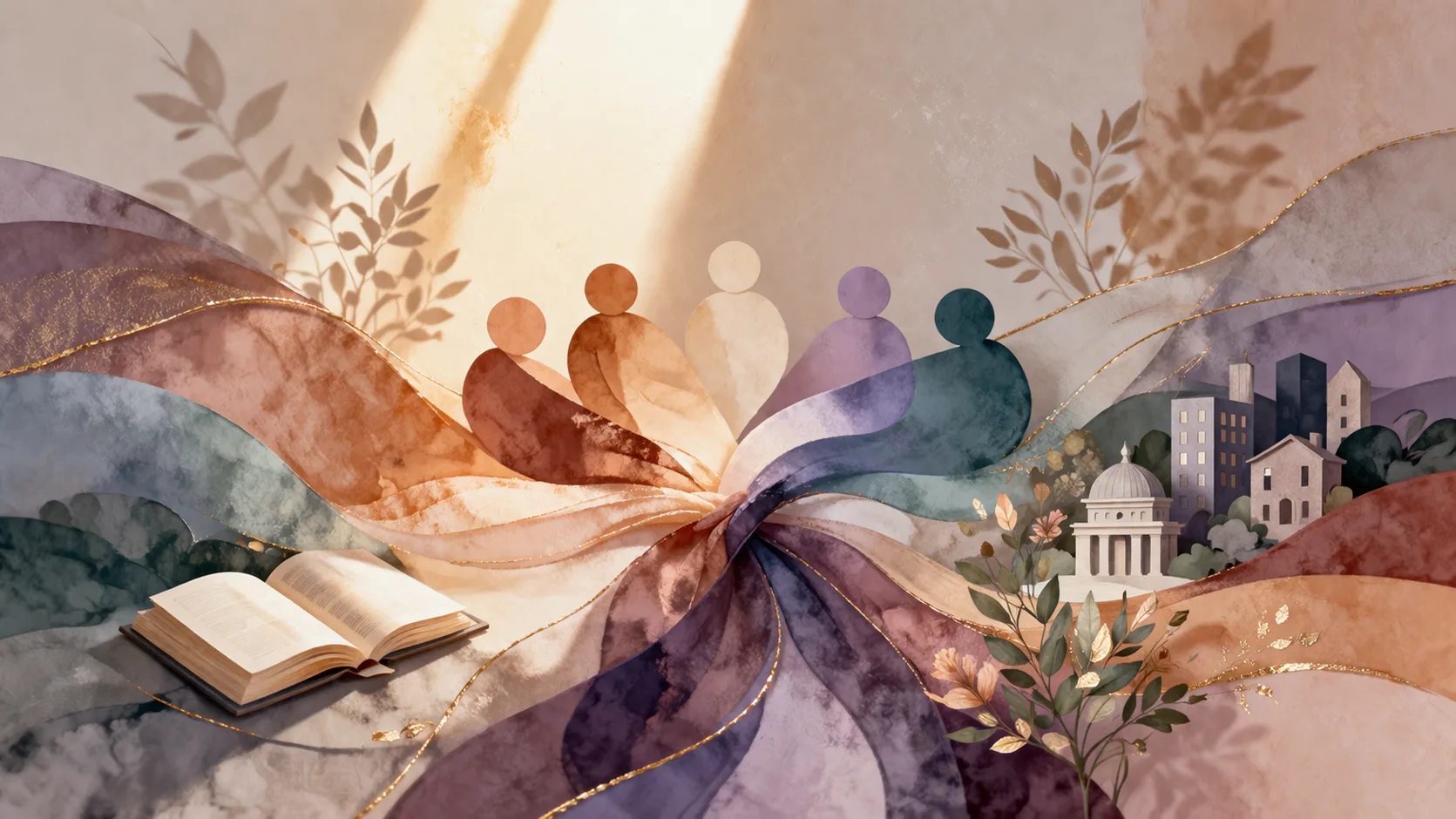 equitable future illustration with flowing forms, community symbols, learning, and justice