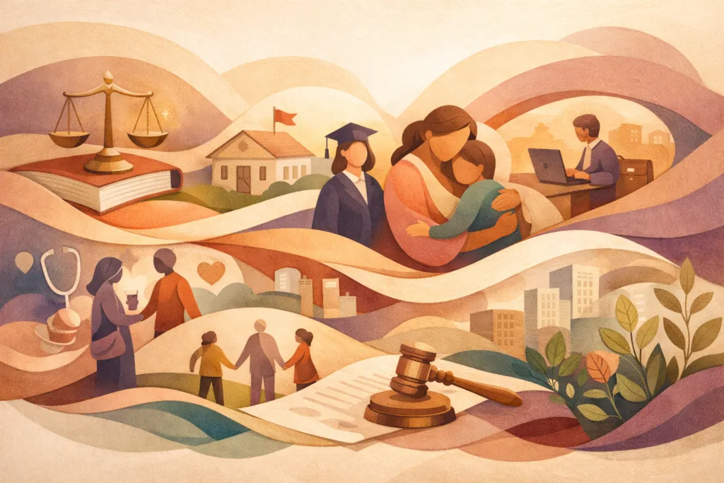 gender justice support illustration showing education, care, work, family, and legal advocacy