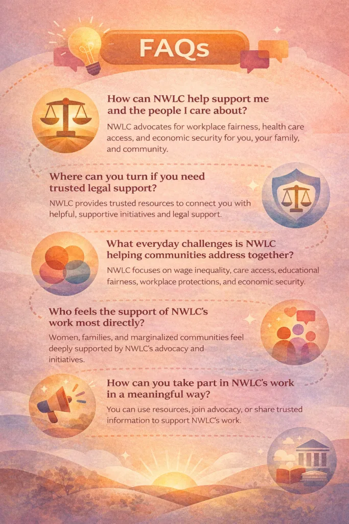 gender justice support FAQs infographic with warm tones, legal scales, community symbols and connected pathways
