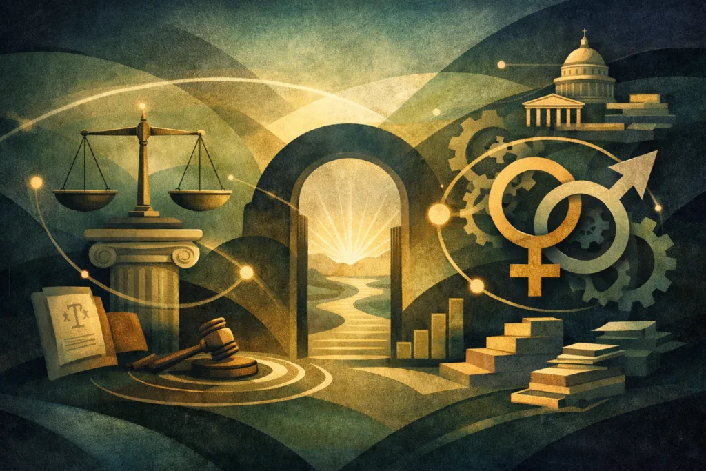 Gender justice visualized through law, policy, and resources in a conceptual editorial illustration