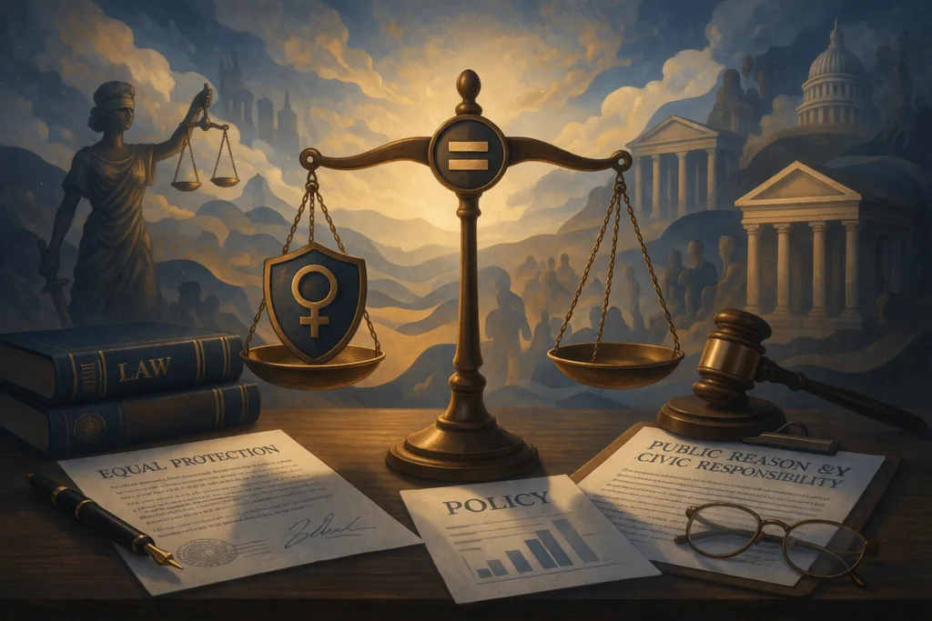 gender justice legal structure shown with balanced scales documents and symbolic institutional elements in abstract composition