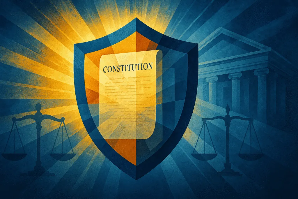 ACLU explained illustration, shield and Constitution with golden rays and courthouse, conceptual digital painting.