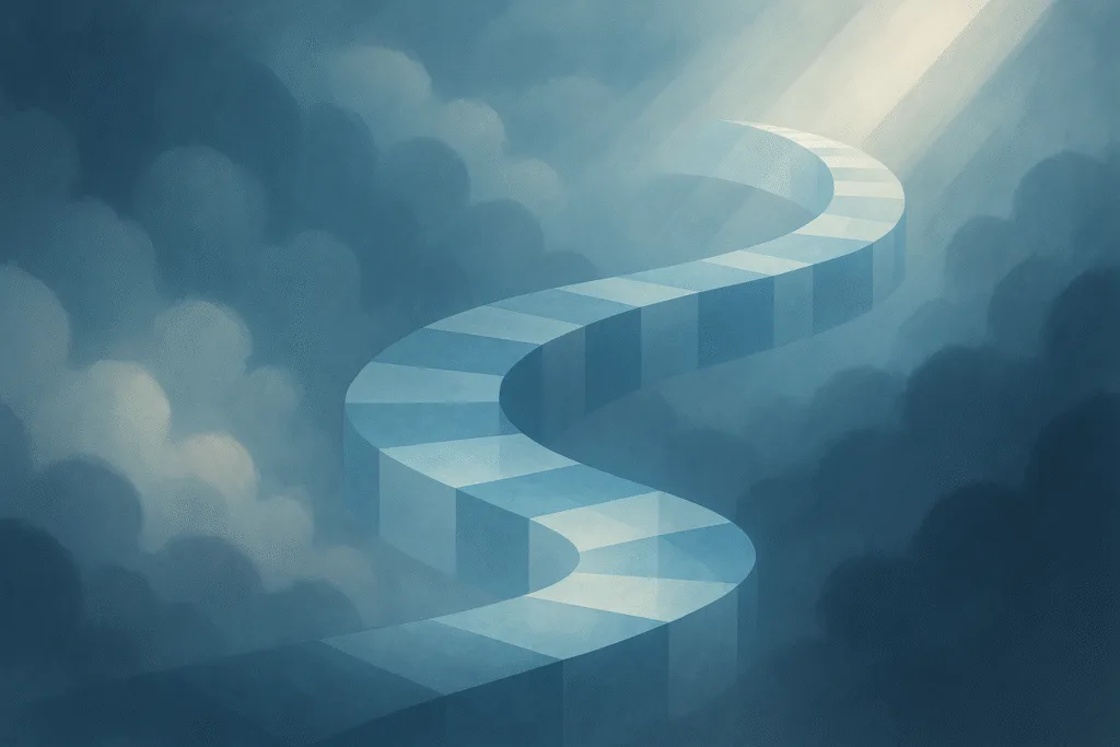 Legal assistance abstract illustration for ACLU help, luminous geometric bridge through clouds, blue tones, light and shadow, digital painting.