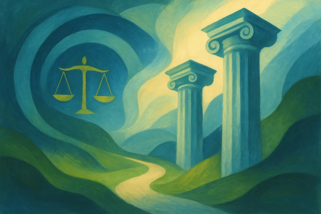 Animal law career, abstract courthouse pillars and justice scales, conceptual illustration, cool blue-green palette, AVIF.