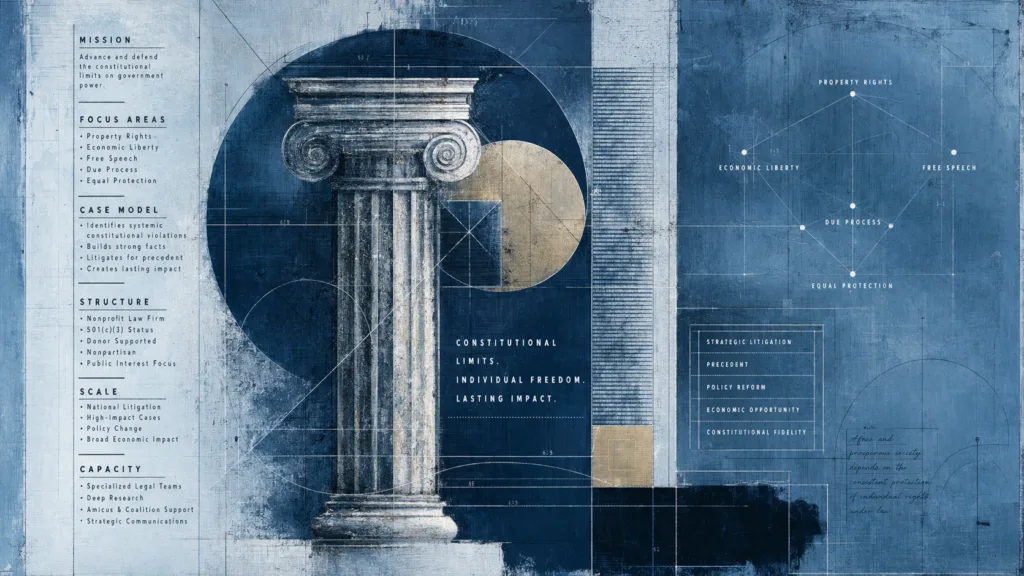 Institute for Justice analysis diagram showing mission structure, case model, and constitutional issue areas