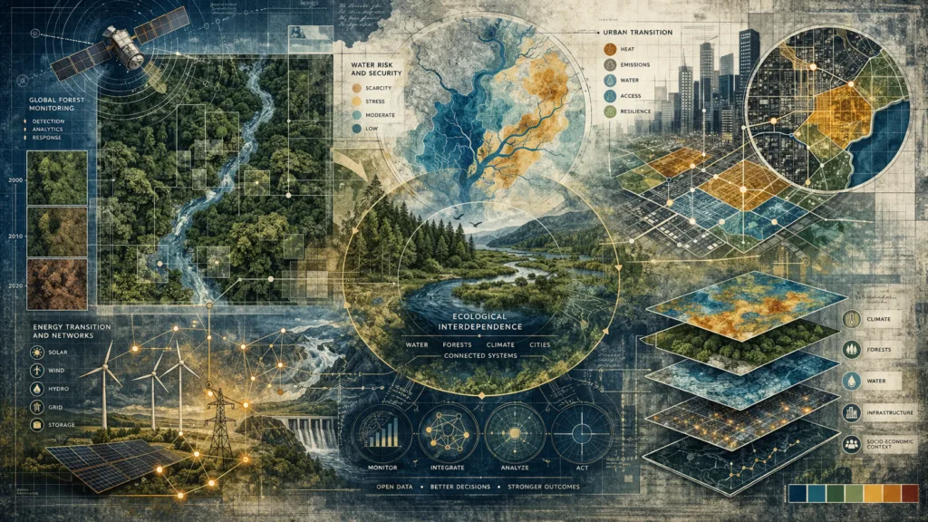 Forest monitoring and water risk mapping infographic showing urban transition layers, energy networks, and ecological interdependence