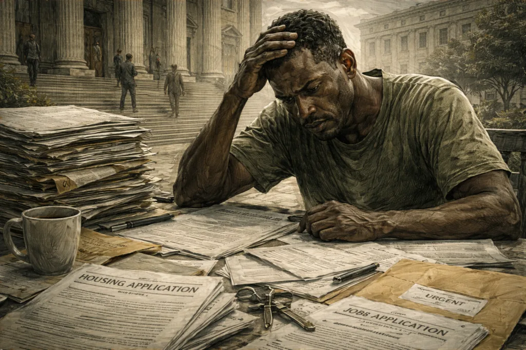 Reentry struggle scene with housing forms, job applications, legal documents, and a looming courthouse