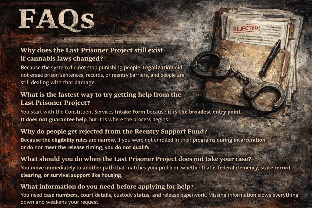 Cannabis justice FAQ image with distressed documents, restraint forms, and blocked pathways under harsh light