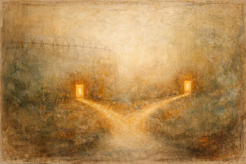 Last Prisoner Project support shown as warm branching paths through an encaustic abstract landscape