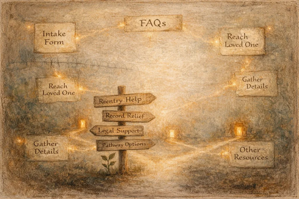 Last Prisoner Project FAQ guidance shown as warm pathways and signposts in an encaustic abstract landscape