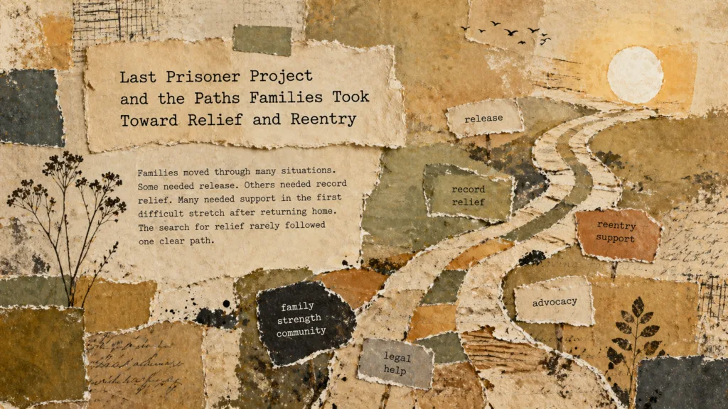 Last Prisoner Project relief and reentry paths shown as a mixed-media landscape of family support and legal help