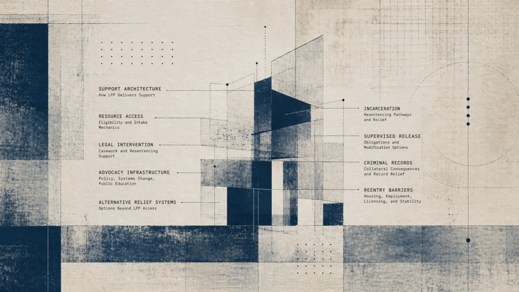 Last Prisoner Project support architecture shown as an abstract blueprint of resource access, legal intervention, and relief pathways