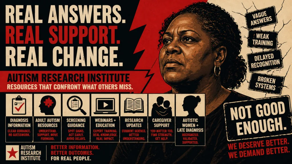 Autism Research Institute resources for diagnosis, screening, adult autism, webinars, and caregiver support.