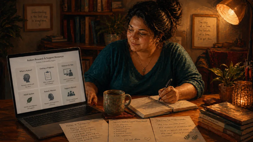 Autism Research Institute resources shown on a laptop beside calm notes for autism support.
