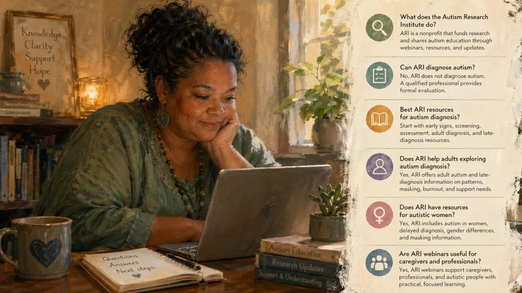 Autism Research Institute FAQs beside a warm study scene for autism support