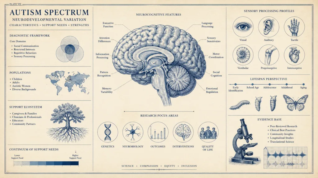 Autism resources shown as a scientific atlas plate of diagnosis, support, research, and lifespan needs.