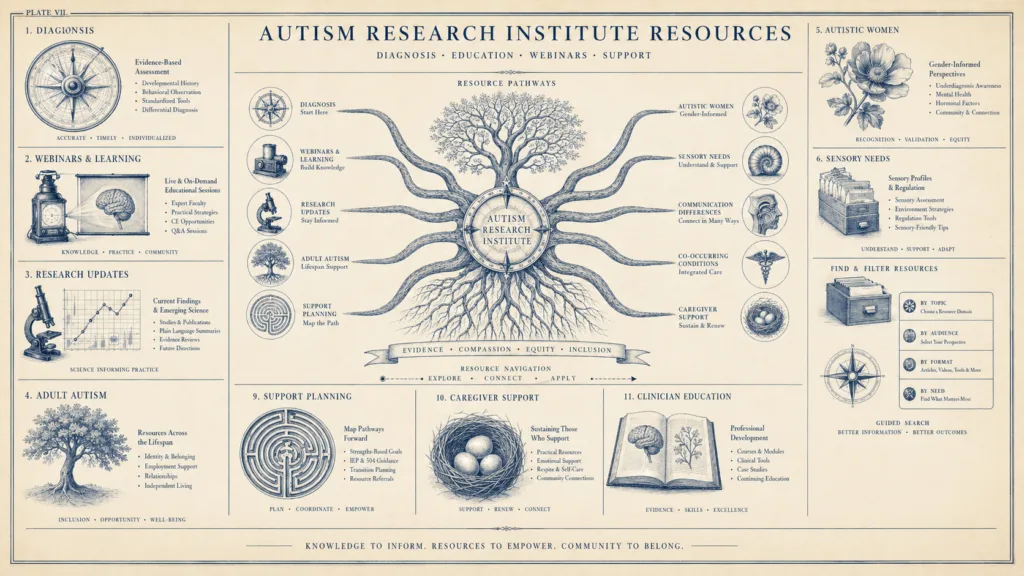 Autism resources mapped as scientific pathways for diagnosis, webinars, research, and support.