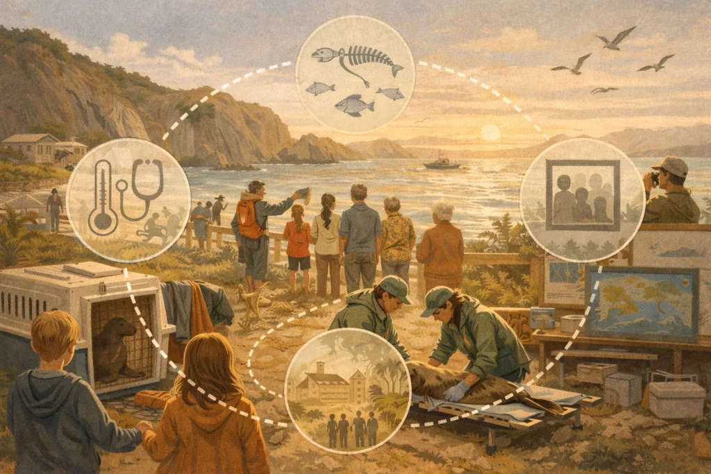 Ocean health story visual linking marine mammal rescue, public health, and shared coastal community awareness