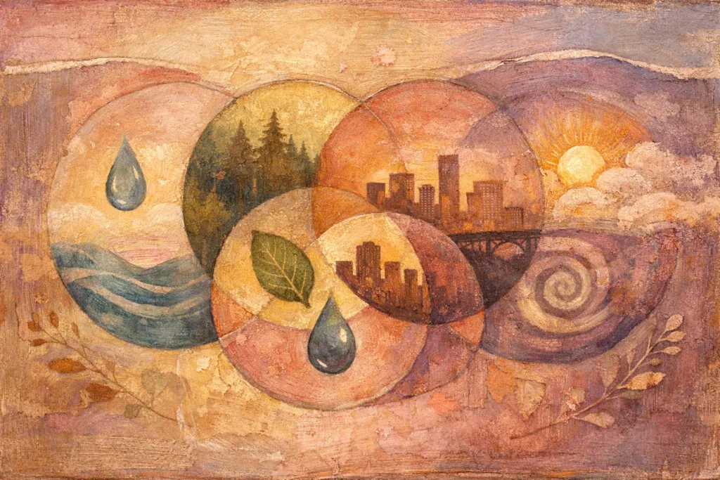 World Resources Institute visual showing connected water, forests, cities, and climate through warm layered forms.