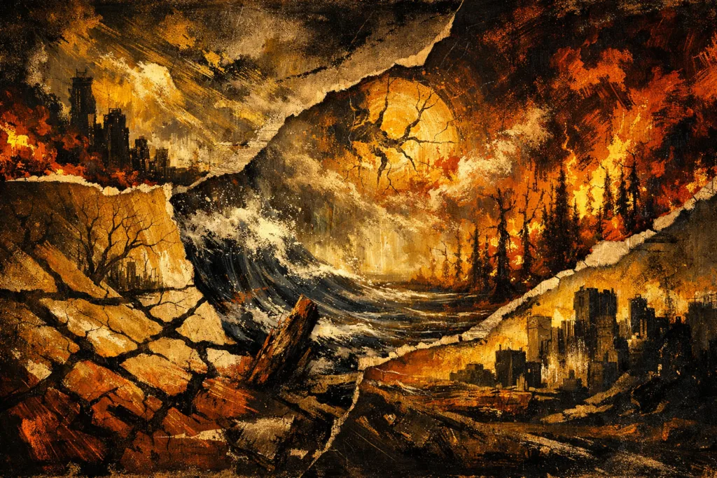 Climate data tools shown as a fractured, high-pressure landscape of water, forests, and cities in collapse