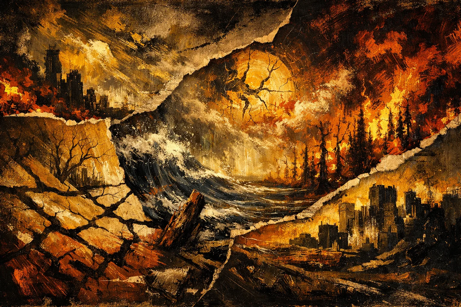 Climate data tools shown as a fractured, high-pressure landscape of water, forests, and cities in collapse