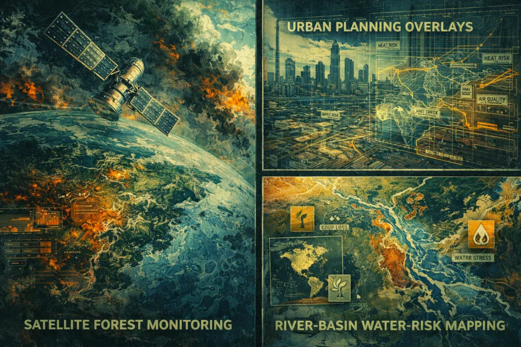Environmental risk mapping shown through forest monitoring, urban planning overlays, and river-basin water-risk analysis