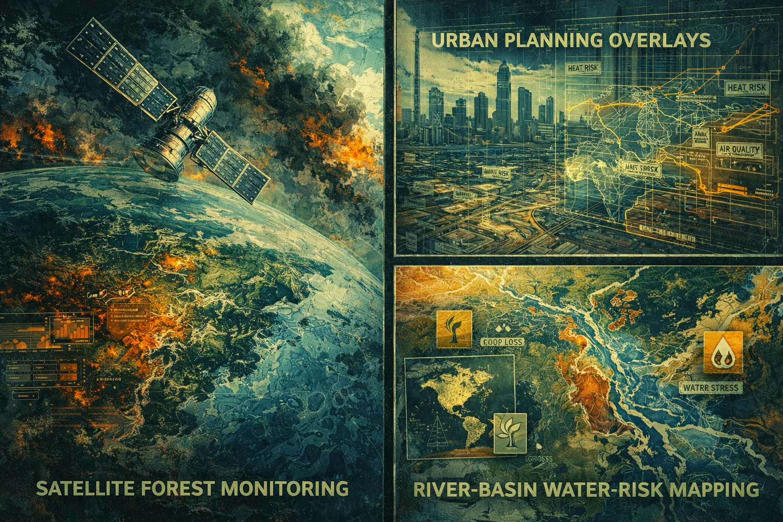 Environmental risk mapping shown through forest monitoring, urban planning overlays, and river-basin water-risk analysis
