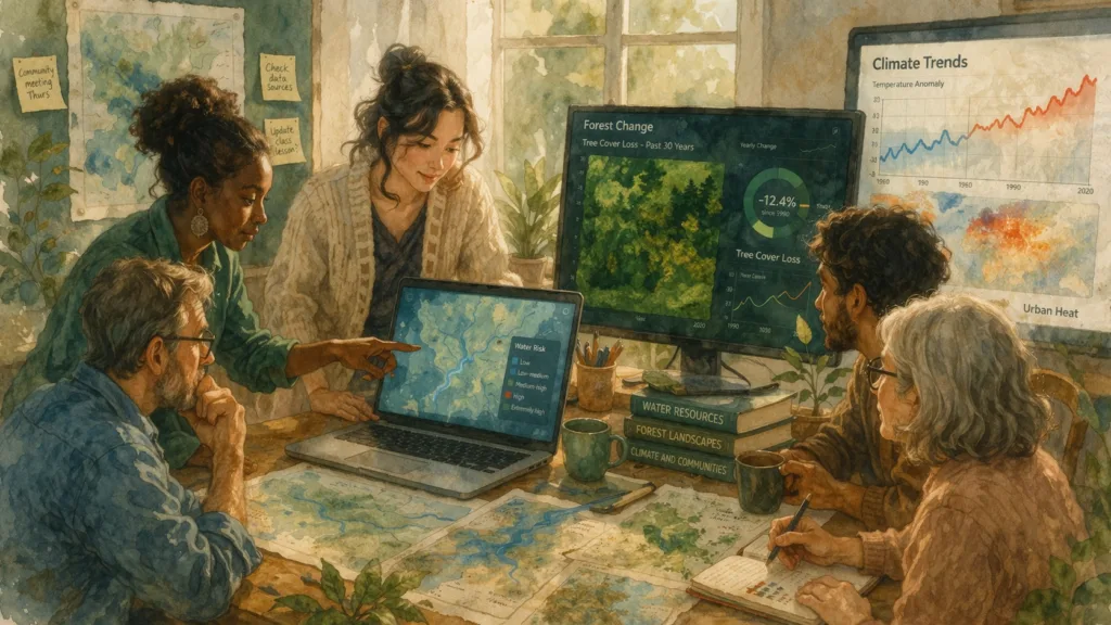 Shared water maps, forest dashboards, and climate data in a collaborative workspace