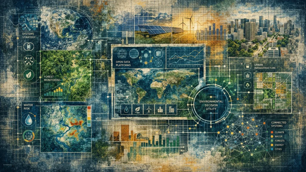 Systems strategy and open data illustration with water risk, forest monitoring, and environmental decision utility