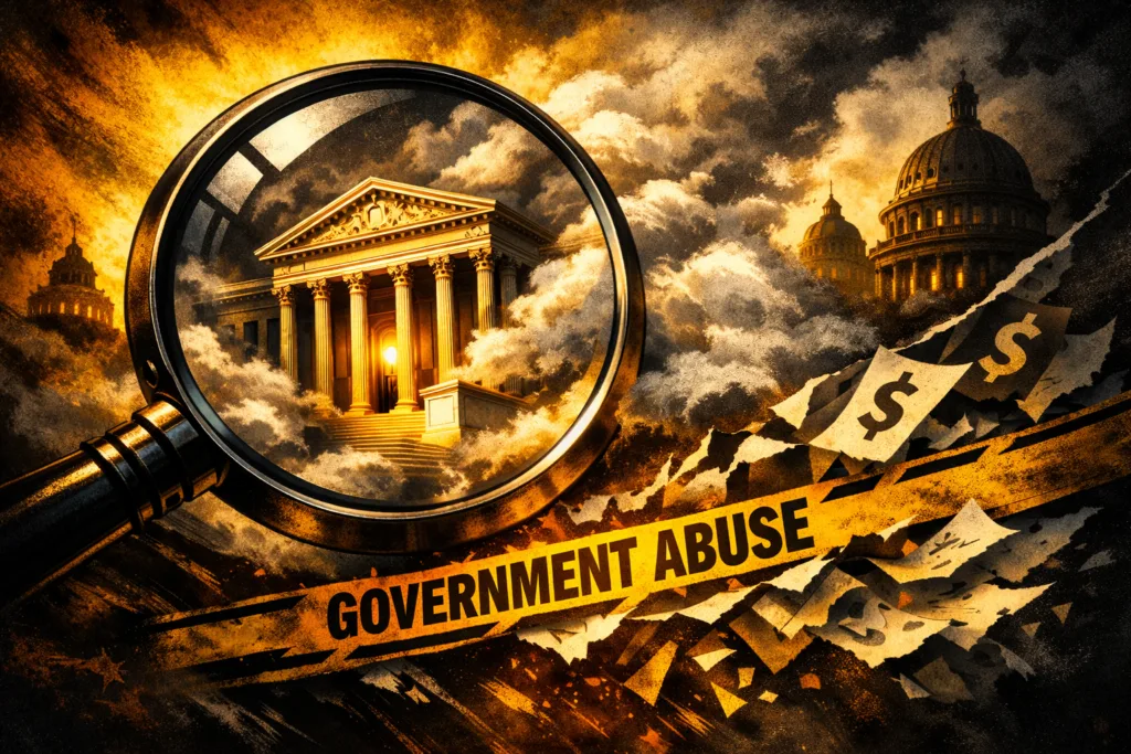 Institute for Justice concept image showing a courthouse exposed through fog and scrutiny over government abuse