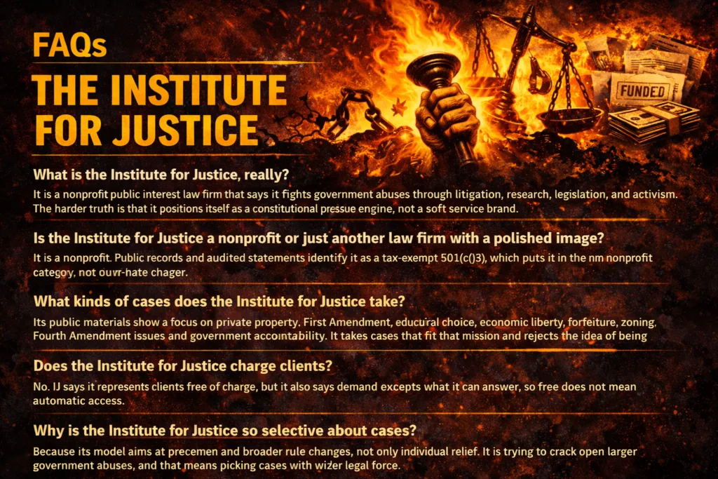 institute for justice faq concept with abstract justice scales chains and structured legal elements