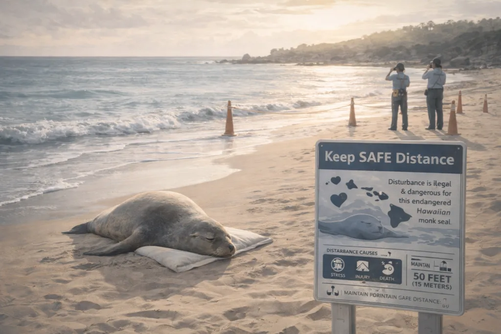 Hawaiian monk seal protected beach conservation distance signage system
