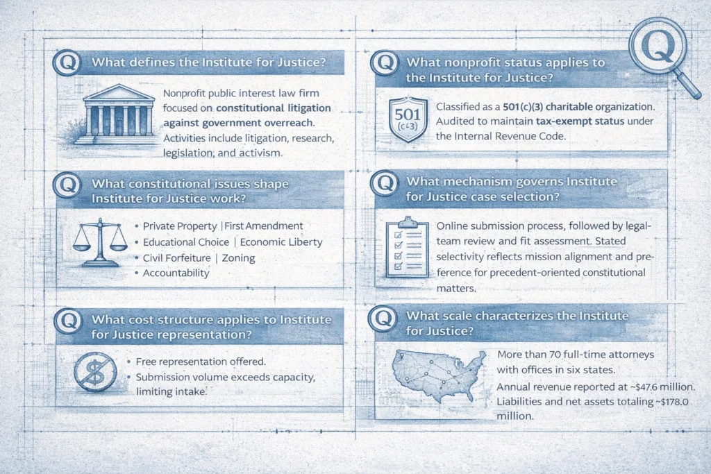Institute for Justice FAQ diagram showing mission nonprofit status case selection and organizational scale