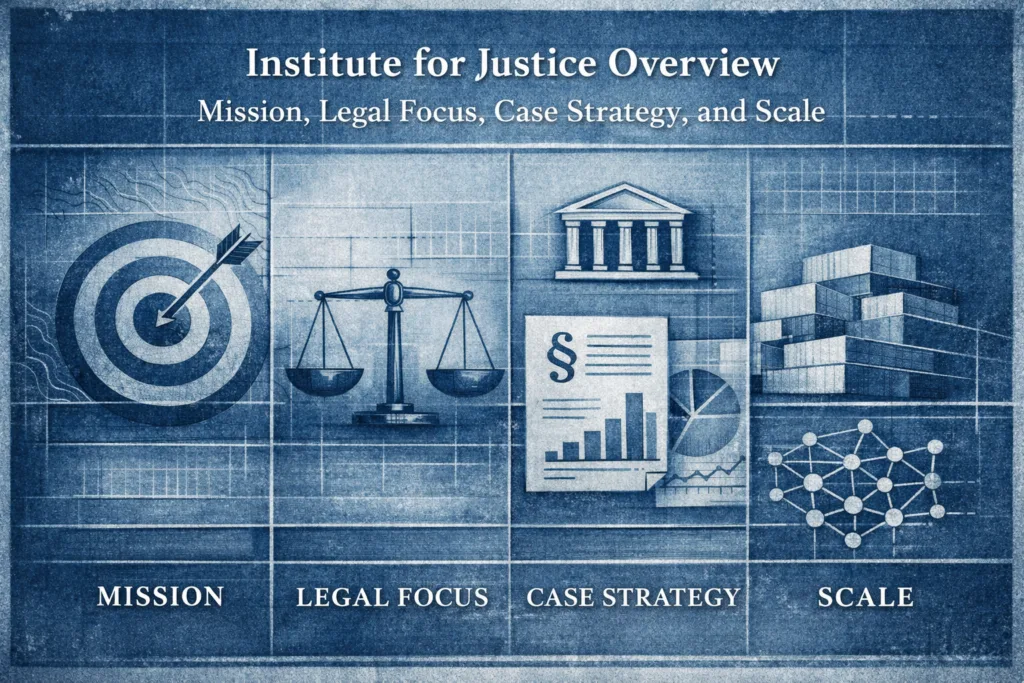 Institute for Justice overview shown as a blueprint-style system of mission legal focus case strategy and scale