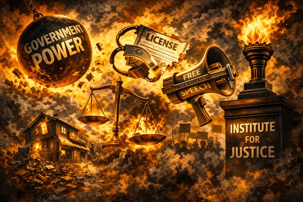 Institute for Justice concept artwork showing government power crushing rights and legal protections