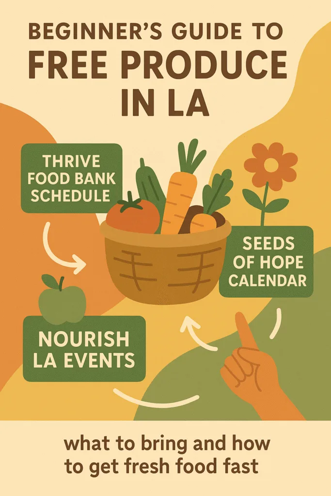infographic illustrating Los Angeles free produce guide with food bank and community event connections in warm earthy colors