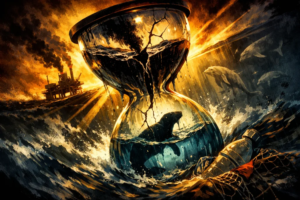 Ocean health crisis visualized through a fractured hourglass trapping marine life in polluted water