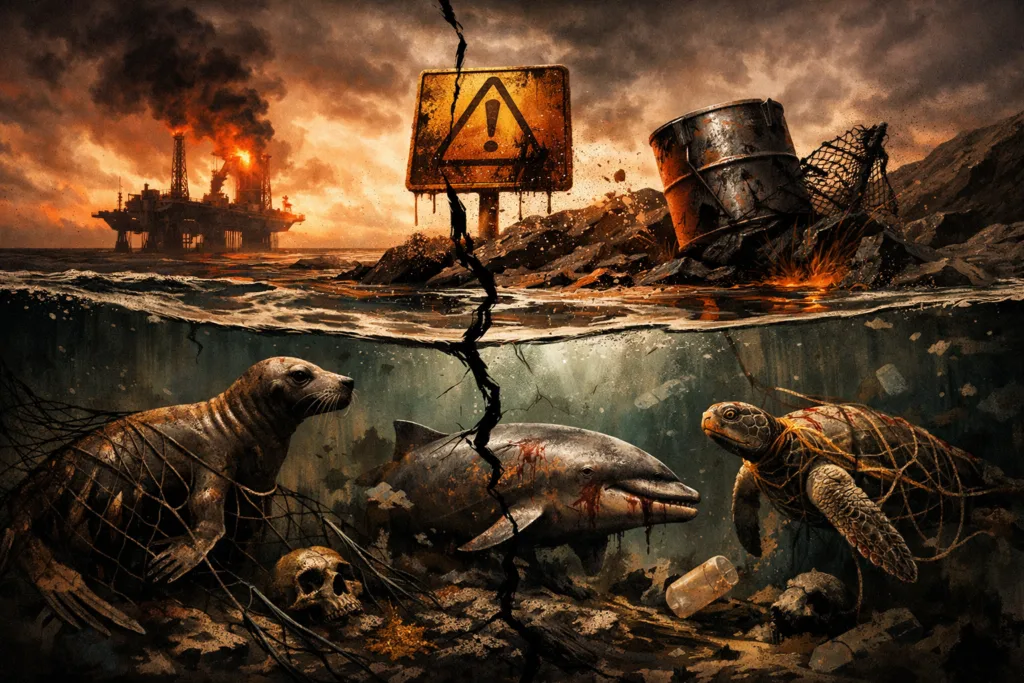 Ocean health warning scene with polluted shoreline, hazard sign, and distressed marine life in damaged water