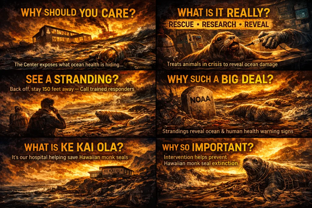 The Marine Mammal Center FAQ illustrated as a stark ocean health warning system with crisis signals and intervention themes