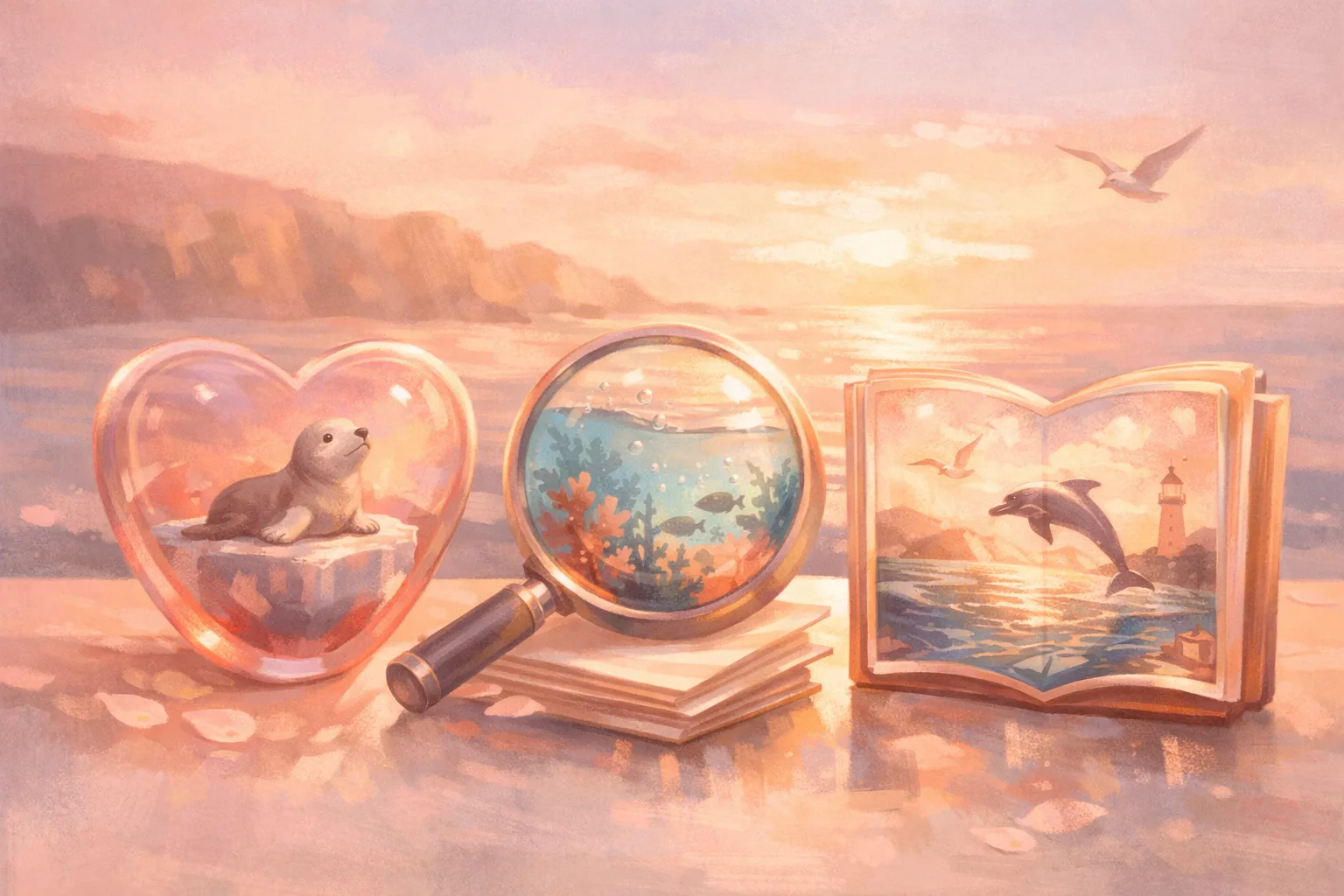 Ocean health illustration with symbolic rescue, research, and education elements in a warm coastal setting.