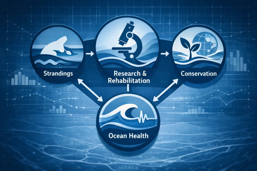 Ocean health conceptual artwork showing linked marine mammal rescue, research, rehabilitation, and conservation