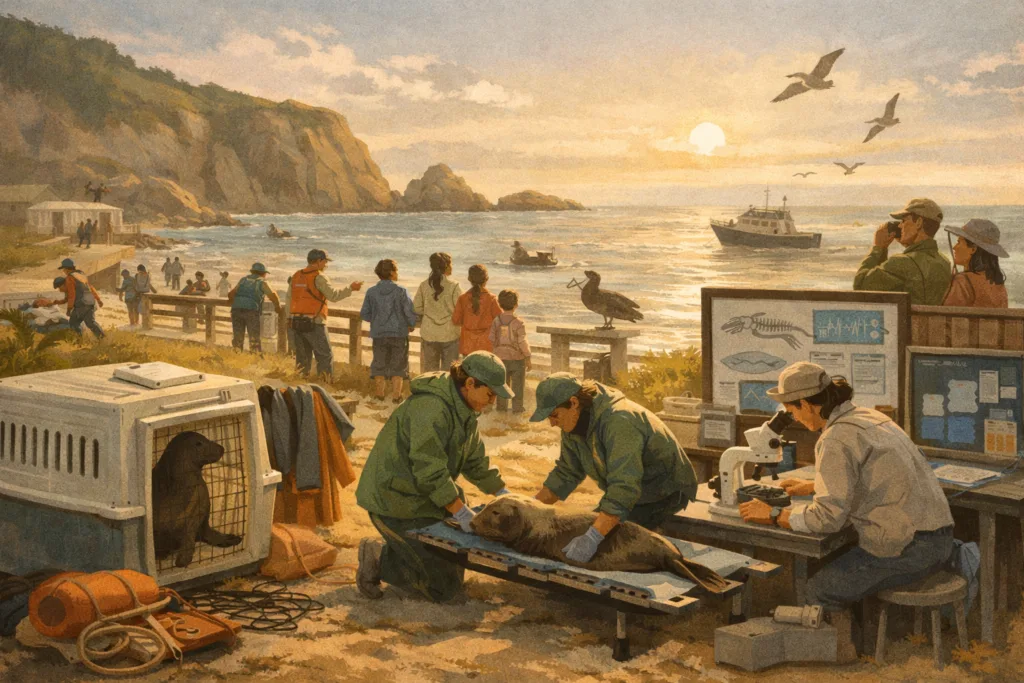 Marine mammal rescue scene linking stranded animal care, research, and community ocean health education