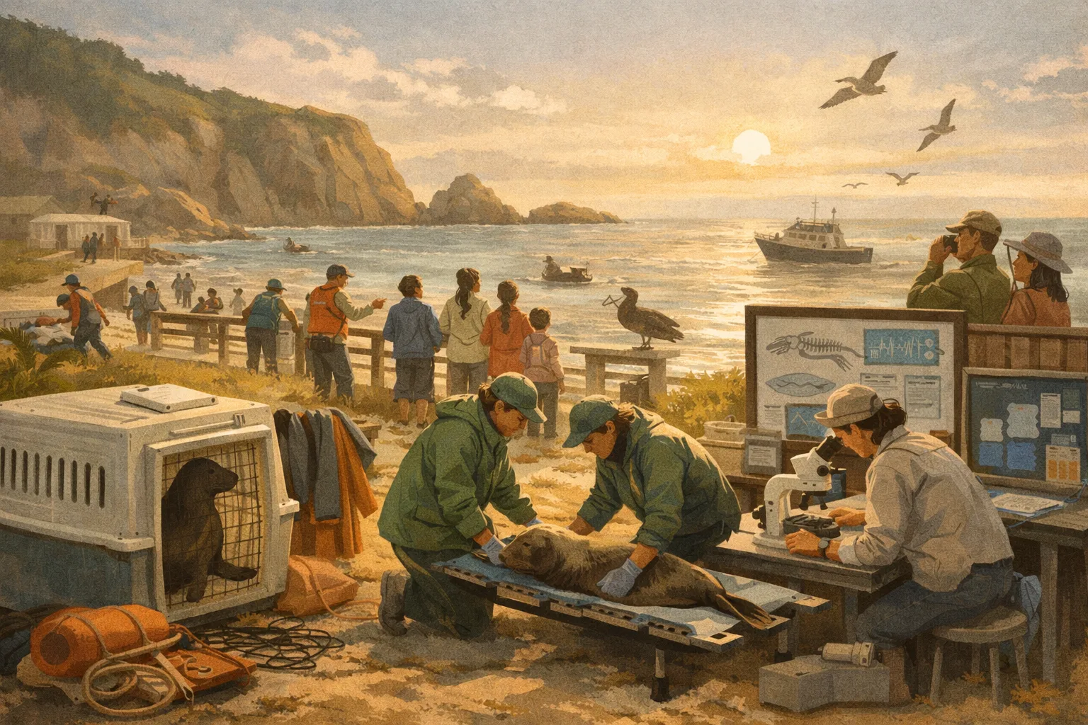 Marine mammal rescue scene linking stranded animal care, research, and community ocean health education