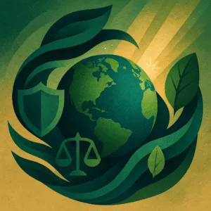 Natural Resources Defense Council hero illustration showing stylized earth, abstract advocacy motifs, green and blue palette, digital painting.